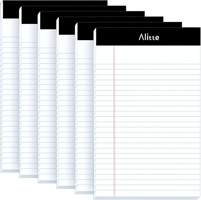 Alitte Legal Notepads 5x8, Pack of 6 - Perforated Narrow Ruled Writing Pad - Premium Thick Paper, No Ink Bleeding - Blank Legal Pads For Home, Office, School, Business - 50 Sheets Per Notebook