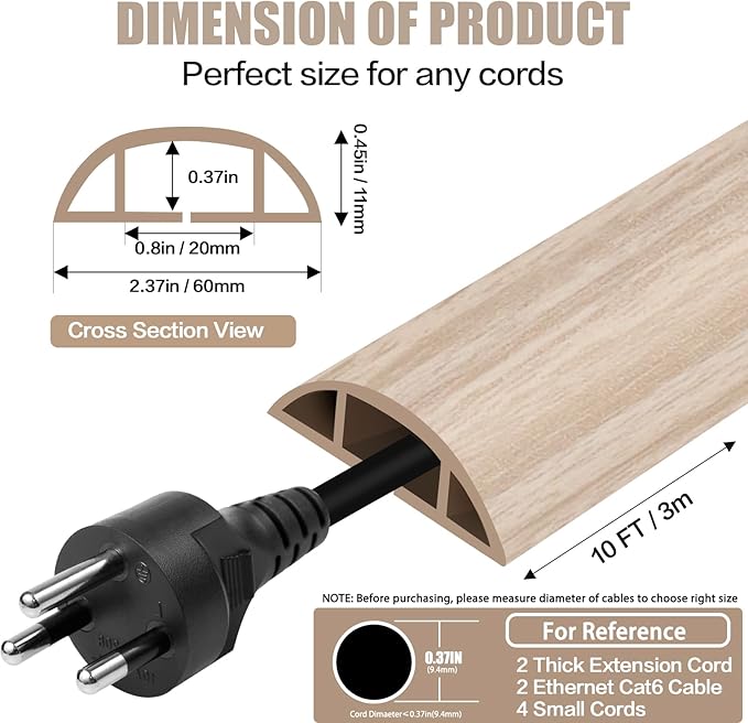 Floor Cord Cover Cavity 0.8"x0.37" Self Adhesive Cord Hider, 10FT Low Profile Cable Management, Extension Strip Protector for Wires, Prevent Cable Trips for Offices, Gyms,(Wood Light Yellow)