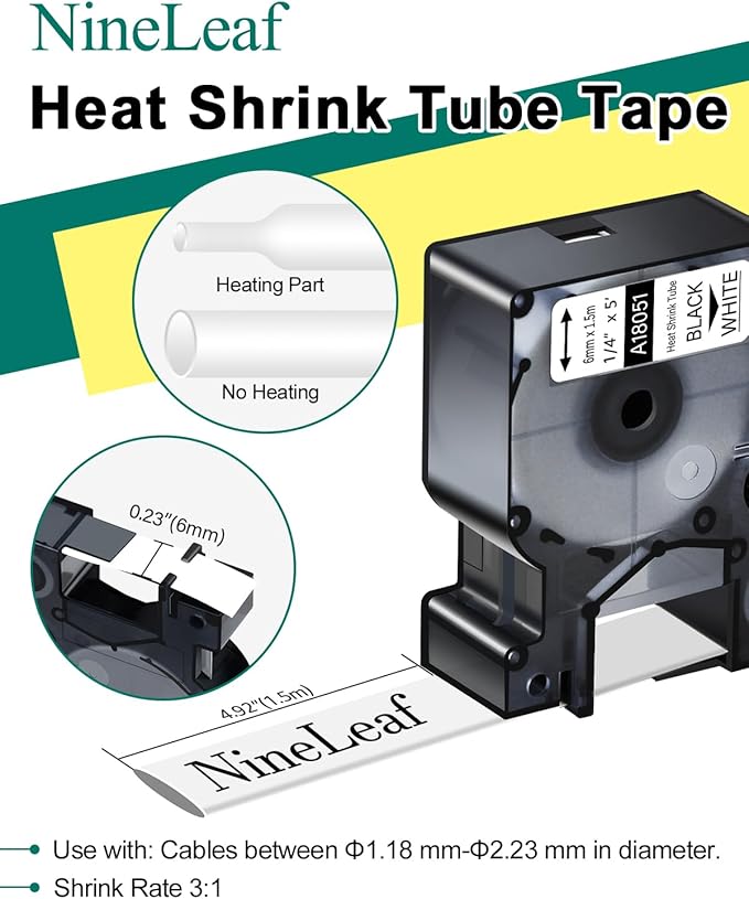 Nineleaf 10 Pack Compatible for DYMO 18051 Rhino Heat Shrink Tube Industry Label Tape 6mm 1/4" x 5ft Black on White Wire Tapes for Industrial Rhino Pro 3000 4200 5000 5200 6000 3M Label Maker