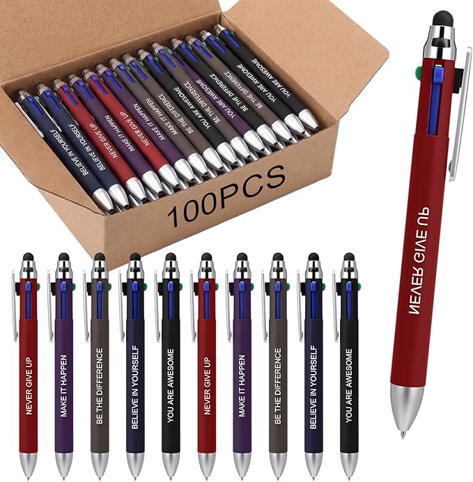 Yexiya 100 Pack 4 Color Retractable Pens Multicolor Ballpoint Pens Bulk 2 in 1 Stylus for Touch Screens Office Nurses Teachers Work Party Favors Gift (Inspirational Quotes)