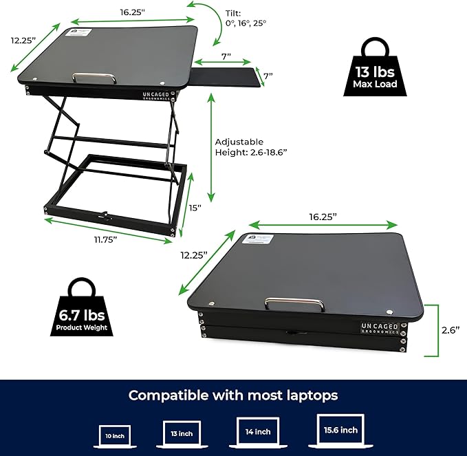 CD4 Adjustable Standing Desk Converter for Laptops, Vertical Laptop Stand, Table Top Riser Standing Desk with Mouse Pad, 2.6"-18.6" Adjustable Height Converter