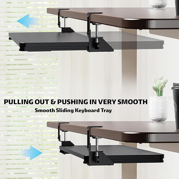 Large Keyboard Tray That Slides Out from Under The Desk, Pull Out with Adjustable C-clamp, 25.6 (31.5 Including Clamps) x 9.8 Inch Computer Keyboard Drawer Mouse Tray for Typing, Black