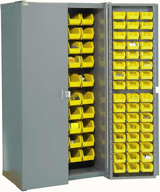 Global Industrial Deep Door Bin Cabinet, Includes 156 Yellow Plastic Bins, Padlockable Steel Cabinet, 38" W x 24" D x 72" H, for Tool and Parts Storage, Ships Assembled