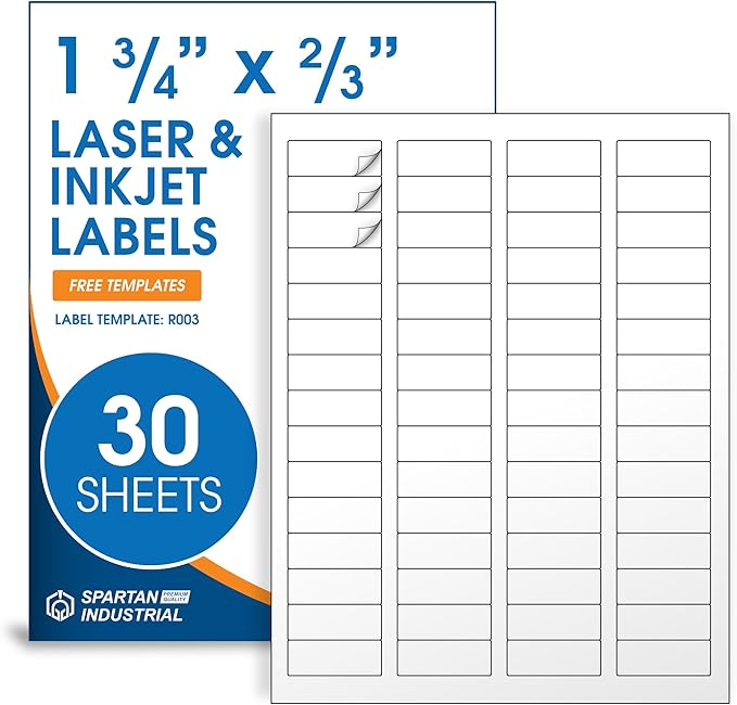 1 3/4" X 2/3" Matte White Printable Labels for Inkjet and Laser Printers - 30 Sheets, 1800 Custom Stickers for Return Address Labels, Price Tags, File Folders - Spartan Industrial Template R003