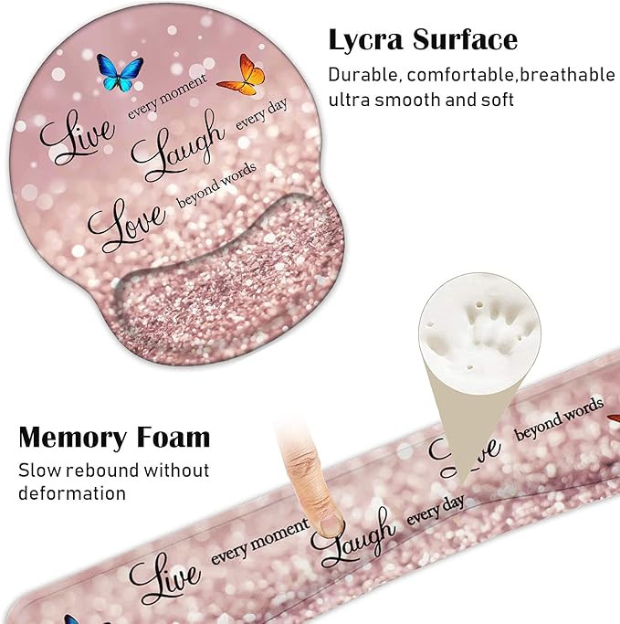 Keyboard Wrist Rest and Mouse Pad Wrist Support Set with Coasters, Non-Slip PU Base Ergonomic Gaming Mousepad for Home Office Working Studying Easy Typing & Pain Relief, Glitter Quote Live Laugh Love