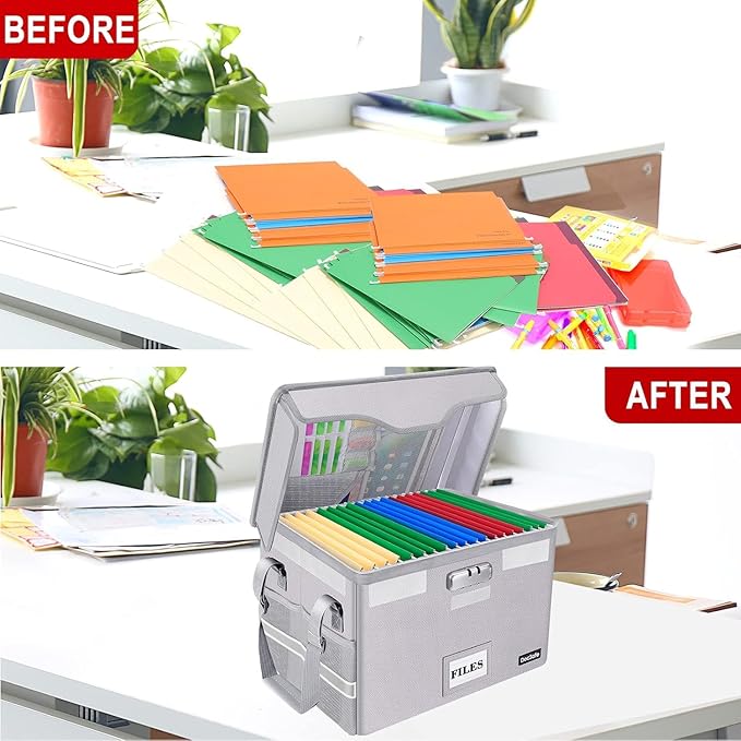 DocSafe Fireproof Document Box with Lock,File Storage Organizer with Pockets,Collapsible Portable File Box Home Office Safe Filing Cabinet with Handle for Hanging Letter/Legal Folders,Silver,2 Pack