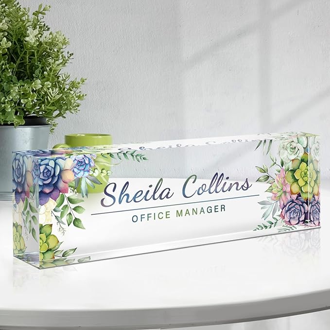 Custom Name Plate for Desk, Employee Appreciation Gifts, Acrylic Desk Name Plate Personalized, Office Desktop Accessories, Office Decor Gifts for Coworkers Boss Teacher (Succulents)