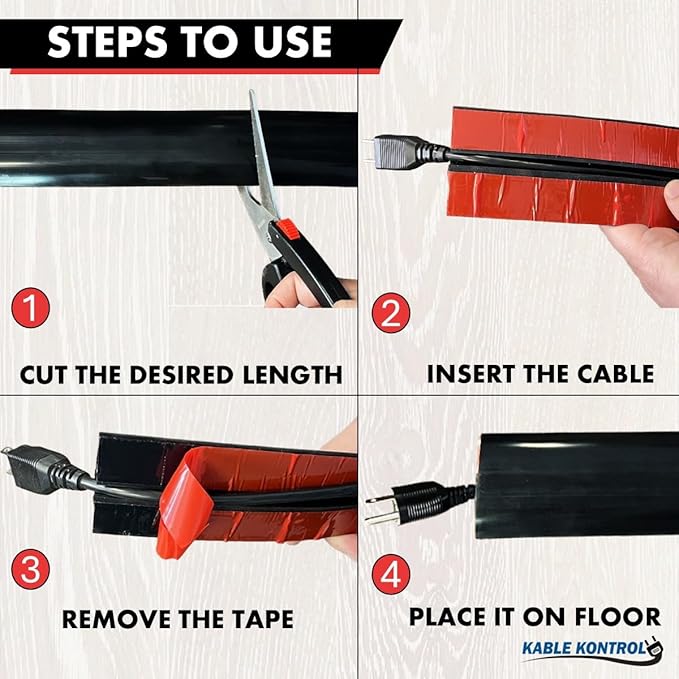 Kable Kontrol Silicone Floor Cord Cover - 5 Ft Flexible Cord Protector, Self Adhesive, for Concealing Extension Cable, Protecting Wires, Prevents Trips – 2.5in W X 0.5in H - 1 Pc - Black