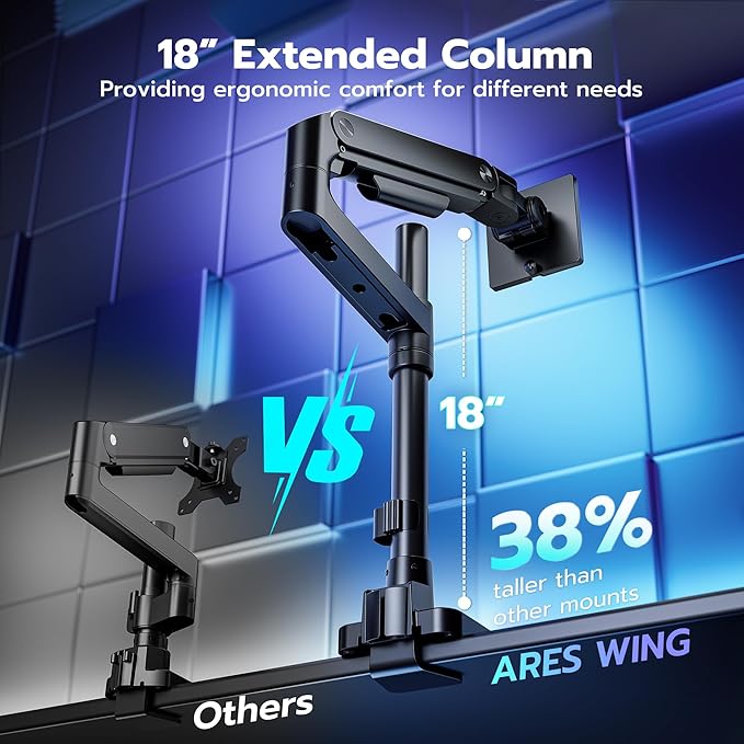 ARES WING Single Monitor Arm Desk Mount for 17-49 Inch Ultrawide Monitors, Heavy Duty Single Monitor Arm Holds 44 lbs, Full Motion Gas Spring Vertical Desk Mount, 75/100 VESA Mount, Black