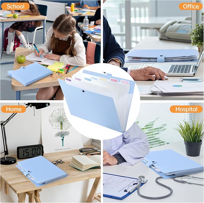 2 Pack Expanding File Folder Organizer with 8 Pockets, Accordion File Organizer for Documents, A4/Letter Size Paper File Folder Organizer with Labels, Portable Folders for School Office Supplies, Blue