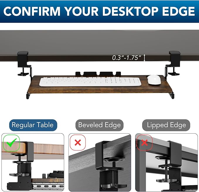 AX WABER Keyboard Tray Under Desk Pull Out with Extra Sturdy C Clamp Mount System, 27.3 (32.5 inch Including Clamps) x 11 Inch Slide-Out Platform Computer Drawer for Typing Vintage AX01WG02