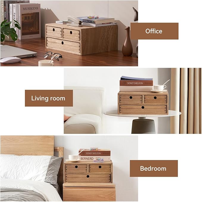 Kirigen Wooden Desktop Organizer - Office Supplies Filing Tidy Storage Shelf - Storage Cabinet/Jewelry Organizer with 3 Drawers(BR, 2-Layer &3 Drawers)