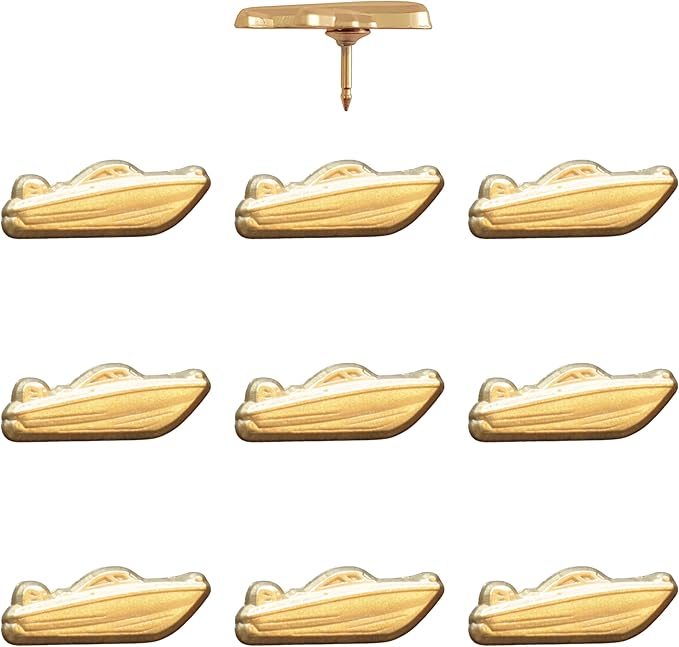 Motor Boat Push Pins - Gold Speedboat Map Pins for Cork Boards, Maps, or Lapel Use - Designed in USA - Set of 10
