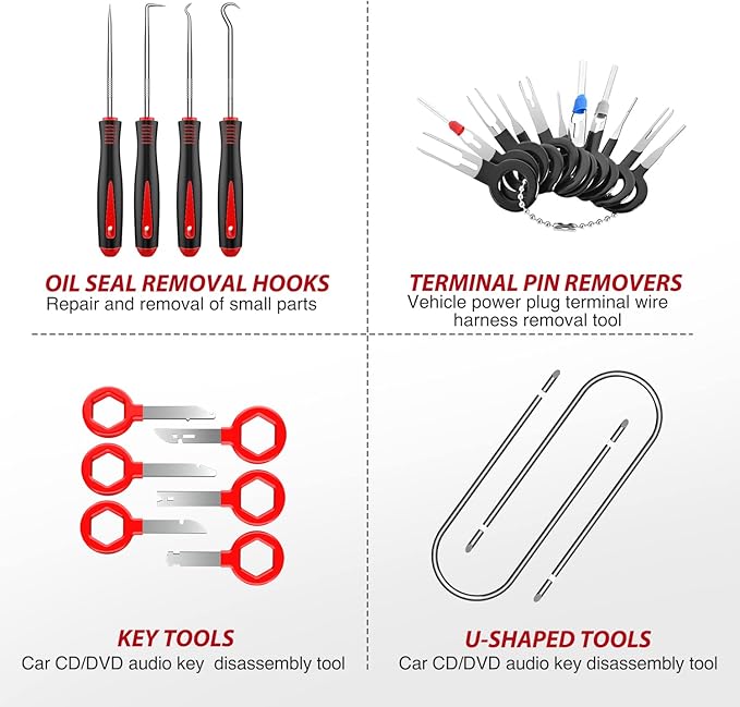 Nilight 200Pcs Trim Removal Tool, Auto Push Pin Bumper Retainer Clip Set Fastener Terminal Remover Adhesive Cable Clips Round Handle Crowbar Kit Car Panel Radio Auto Clip Pliers