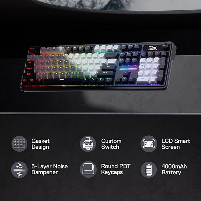 Redragon K762 Wireless Gasket Gaming Keyboard w/Hype Screen & Knob, 104 Keys Mechanical Keyboard, Easy-Control 1.14’’ TFT Info Display, 5-Layer Noise Dampening, Round PBT Keycaps, Mint Mambo Switch
