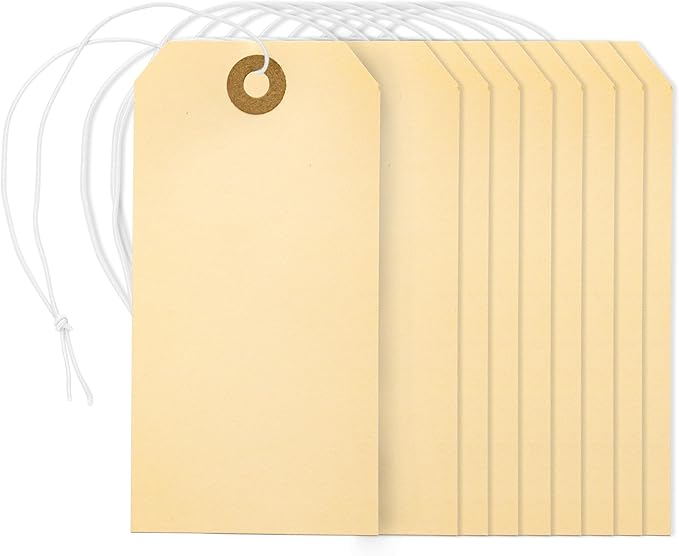Perco Manila Shipping Tags with Elastic Strings — Large Durable Blank Paper Tags 4¾″ x 2⅜″ — Ideal for Labeling and Inventory Use — Box of 500