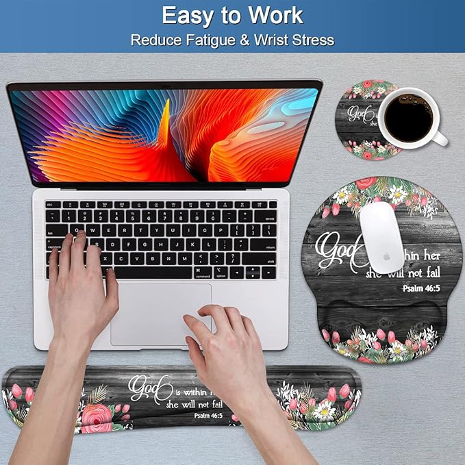 Keyboard Wrist Rest and Mouse Pad Wrist Support Set with Coasters, Ergonomic Gaming Mousepad for Home Office Working Studying Easy Typing & Pain Relief, Floral Quote Bible Verse Psalm 46:5