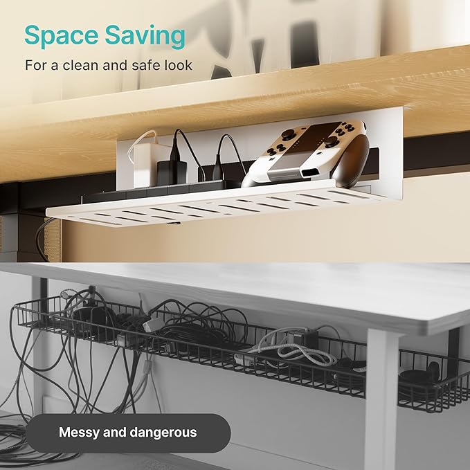 Under Desk Cable Management Tray, 15.7 Inches Metal Cord Organizer Rack, Desk Tray for Power Strip, Cord, Wire, Easy Mounting Cable Management Under Table for Home Office, White