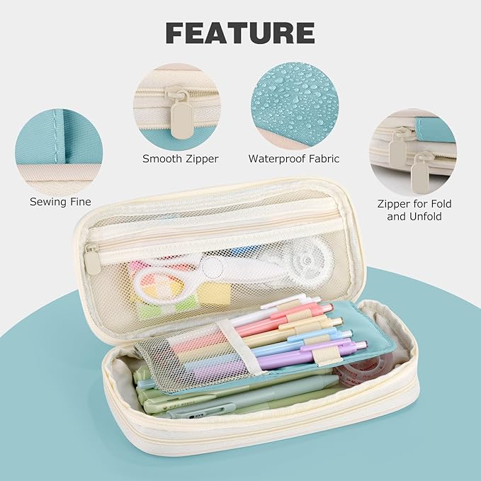 Large Capacity Pencil Case with Zipper, Aesthetic Pencil Pouch, Portable Stationery Organizer Bag for Teen and Adults, Big Pencil Bag for College, Office, Travel - Blue