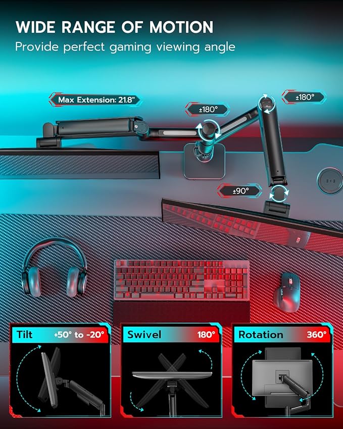 ARES WING Dual Monitor Mount for 17-49 Inch Ultrawide Heavy Duty Curved Screen Stacking, Computer Monitor Arm Desk Mount with USB, Gas Spring Adjustable Vesa Stand, Black