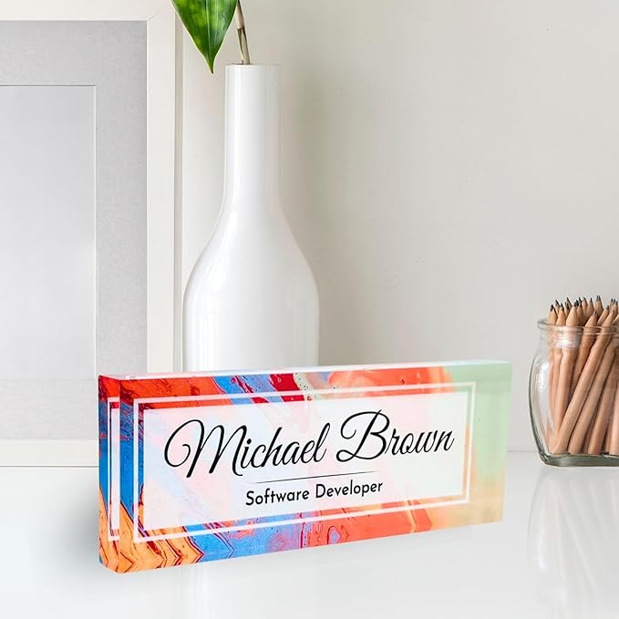 Customized Clear Acrylic Thick 8x3" Desk Name Plate Block with Personalized Logo - Professional Office Decor - Customized Acrylic Plate Gift for Teacher Co-workers, Christmas Gifts for Her, Thanksgiving Gifts (Colorful Paint)