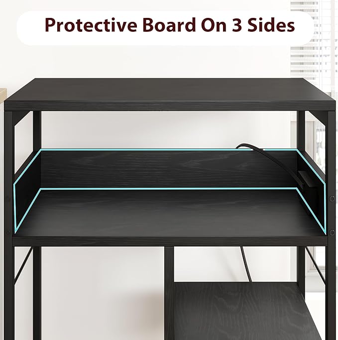 GarveeLife Printer Stand with Power Outlets, 4-Tier Rolling Printer Table with Lockable Wheels, Heavy Duty Printer Cart with Storage, Utility Storage Cart for Home, Office, Black
