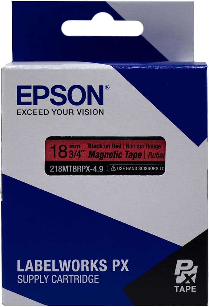 Epson LABELWORKS 218MTBRPX-4.9 Genuine Magnetic Tape Cartridge - Black on Red Magnet Label Maker Tape - 3/4" (18MM) Wide, 4.9 ft, Red
