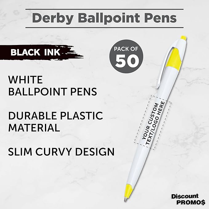 DISCOUNT PROMOS Custom Slim Curvy Ballpoint Pens Set of 50, Personalized Bulk Pack - Black Ink, Retractable, Great for Office, School, Tradeshows - Yellow