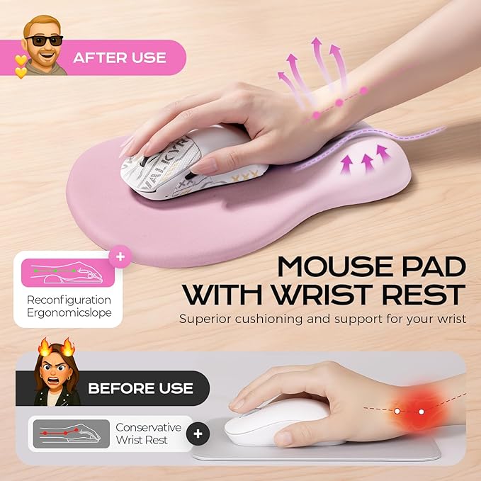 Ergonomic Mousepad with Wrist Rest Pink, Wrist Rest for Mouse Pad, Memory Foam with Massage Design, Non-Slip PU Base for Office and Home