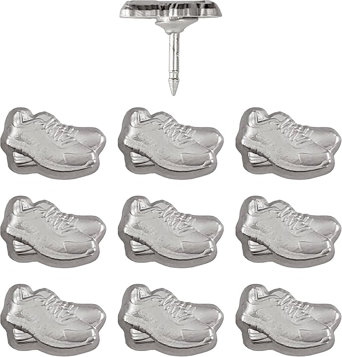 Sneaker Push Pins - Silver Running Shoe Pins - for Cork Board, Maps, or Lapel Pin Use - Designed in USA - Set of 10