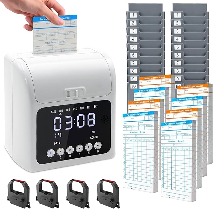 TooCust Time Clock Bundle for Small Business, Passcode Time Clock Punch Machine with 400 Time Cards, 4 Ink Ribbons, 2 Ten-Slot Time Card Racks, Auto-Align Clock in Machine for Employees