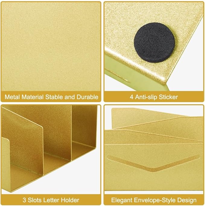Picowe Metal Desk Mail Organizer Mail Holder, 3 Slots Letter Holder Organizer Envelope Organizer for Home Office (Gold)