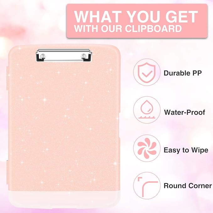 Sooez Glitter Clipboard with Storage, High Capacity Clip Boards 8.5x11 with Pen Holder, Cute Clipboards with Low Profile Clip, Sparkle Plastic Organizer Case Box for Women & Kids, Side Opening