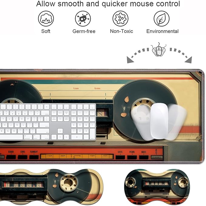 Ergonomic Keyboard Wrist Rest & Mouse Pad Wrist Rest Set, Large XXL Gaming Desk Mat 31.5"x 11.8" with Memory Foam, Easy Typing Pain Relief for Office & Home, Retro Tape Recorder