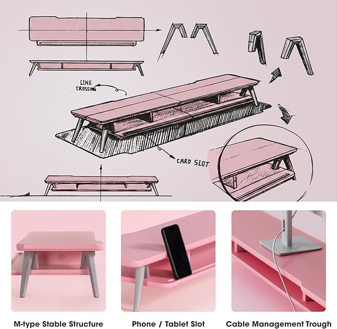 Fenge Dual Monitor Stand, Monitor Stands Riser for 2 Monitors, 42.5 Inch Wood Desk Shelf with Storage Organizer and Cable Management for Office Desk Accessories
