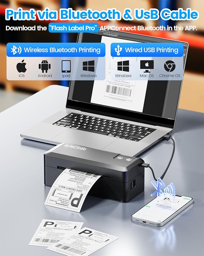 Bluetooth Thermal Shipping Label Printer, 4x6 Shipping Label Printer for Small Business, Support Android, iOS, Windows & Mac, Works with Amazon, Ebay, Shopify, Etsy