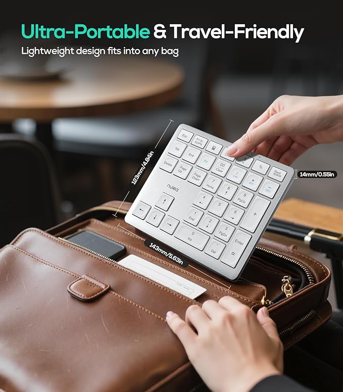 Nulea Wireless Number Pad Bluetooth 5.0 & 2.4G Portable Numeric Keyboard, USB-C Rechargeable, 34-Keys Bluetooth Keyboard for Data Entry (Silvery White)