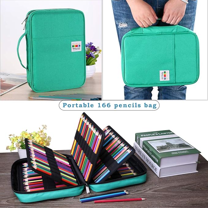 220 Slot Colored Pencil Case Pen Bag with Zipper for Artist Storage Organizer for Watercolor Pencil Gel Pen Marker Highlighter Large Capacity Handy Pencil Holder (Green)