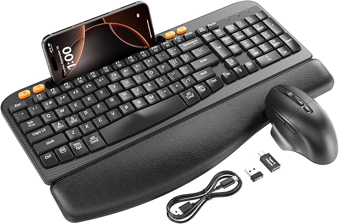 Wireless Keyboard and Mouse Combo, Ergonomic Wave Keys, Cushioned Palm Rest, Rechargeable, Phone Holder, Natural Typing, 2.4G Lag-Free, Full Size Keyboards Cordless Set for Windows/Mac -SABLUTE