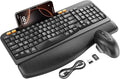 Wireless Keyboard and Mouse Combo, Ergonomic Wave Keys, Cushioned Palm Rest, Rechargeable, Phone Holder, Natural Typing, 2.4G Lag-Free, Full Size Keyboards Cordless Set for Windows/Mac -SABLUTE