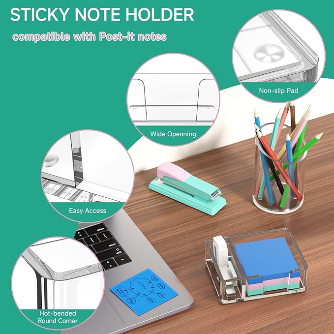 Sticky Note Holder with Pen Slot, Crystal Clear Acrylic Notepad Holder 3x3 in Self-Stick Note Dispenser Office Desk Accessories, Memo Pad Holder Organizer for Classroom School Supplies
