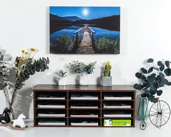 PAG Mail Sorter, Wooden Countertop Literature Organizer, Student & Desktop Bill Paper Organizer, 12 Compartments, Antique Brown