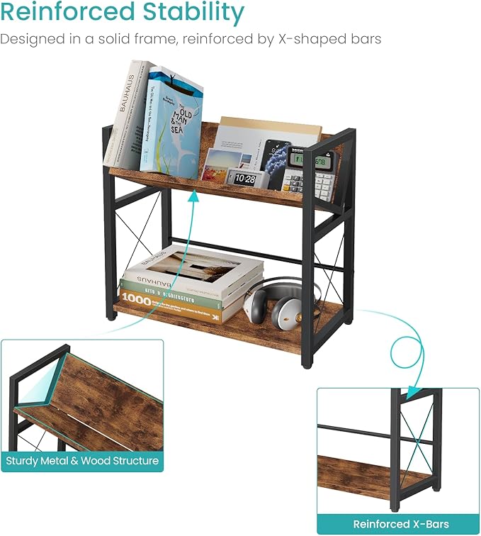 ELITEROO Desktop Bookshelf, 2 Tier Desk Shelf Organizer, Wooden Tabletop Bookcase, Small Desk Top Book Rack for Office, Home, Bedroom, Small Space Storage and Display, Rustic Brown