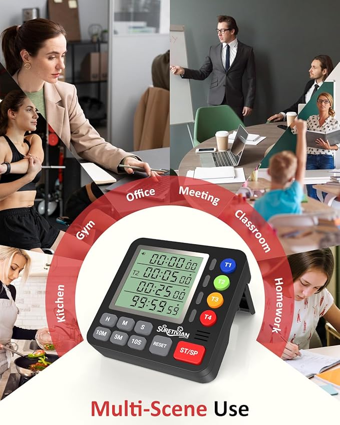 Digital Kitchen Timer for Cooking - 4 Channel Count Up Countdown Timer with Loud Alarm and Silent Mode, Large Display, Magnetic Back, Auto Memory for Classroom Study Gym, Battery Included (Black)