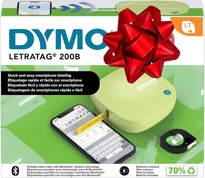 DYMO LetraTag 200B Bluetooth Label Maker, Compact Label Printer, Connects Through Bluetooth Wireless Technology to iOS and Android, Includes 1 White Paper Label Tape, Pistachio Yellow