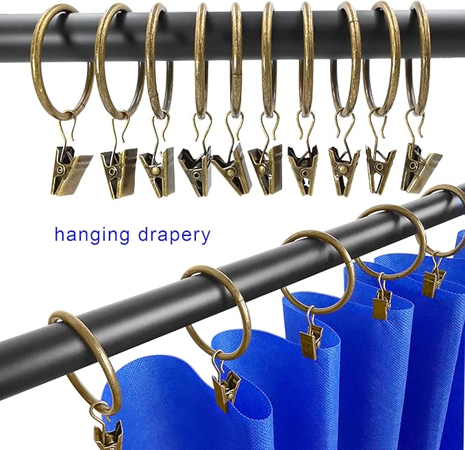 AMZSEVEN 100 Pack Metal Curtain Rings with Clips, Drapery Clips Hooks, Decorative Curtain Rod Clips 1.5 in Interior Diameter, Antique Bronze