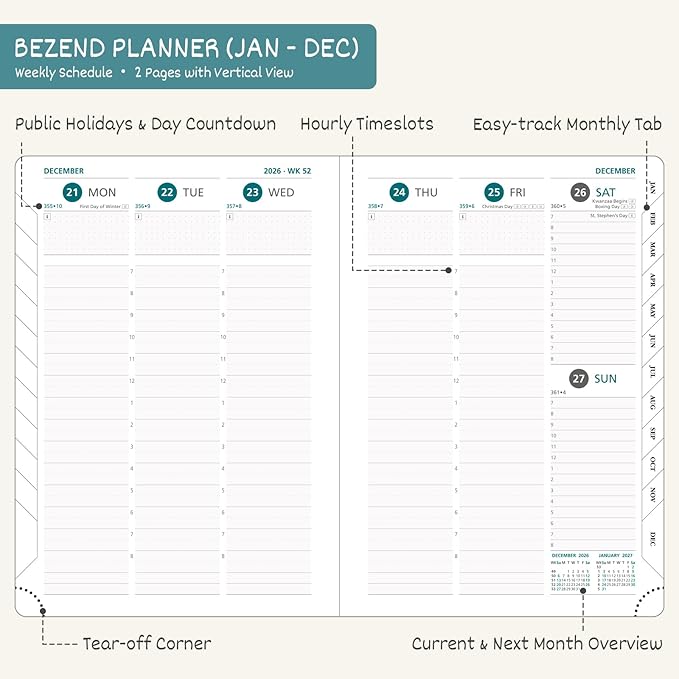 BEZEND 2026 Planner Weekly and Monthly (6" x 8.5") Daily Calendar with Hourly Timeslots & Tabs (Jan-Dec) Note & Expenses, Pen Holder, Inner Pocket, Vegan Leather Hardcover - Black