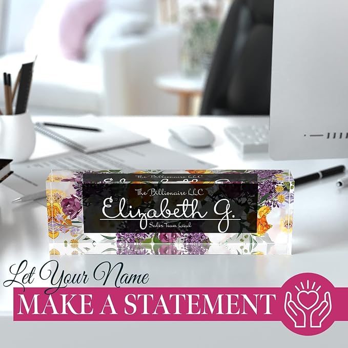 Desk Name Plate Personalized, Custom Name Plates 2½/x8 Inches, Thick Crystal-Clear Acrylic, Gift Box, Office Desk Decor. USA Made by ACRYLUXE (Vaseful)