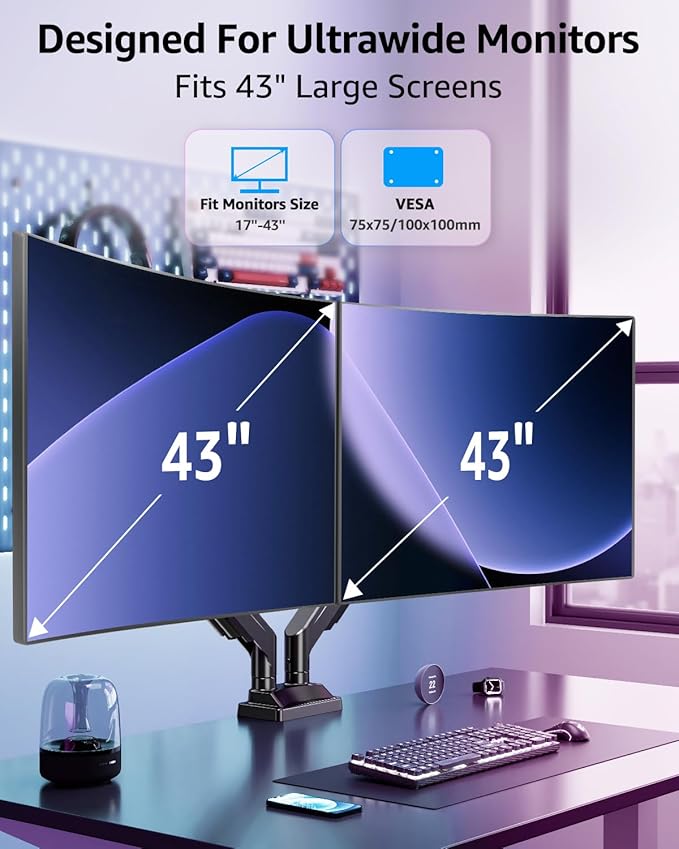 MOUNTUP Dual Monitor Stand for Max 43 inch Screens, Ultrawide Monitor Arm Height Adjustable, Heavy Duty Dual Monitor Mount, Full Motion Premium Monitors Arm, Holds 2.2 to 33 lbs, VESA Desk Mount