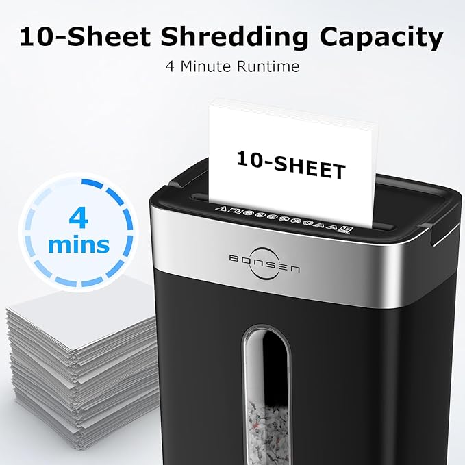 Bonsen 10-Sheet Cross Cut Paper Shredder for Home Office, P-4, Portable Handle, 4 Gallons Bin, Paper and Credit Card Shredder, Black (S3201 New Version)